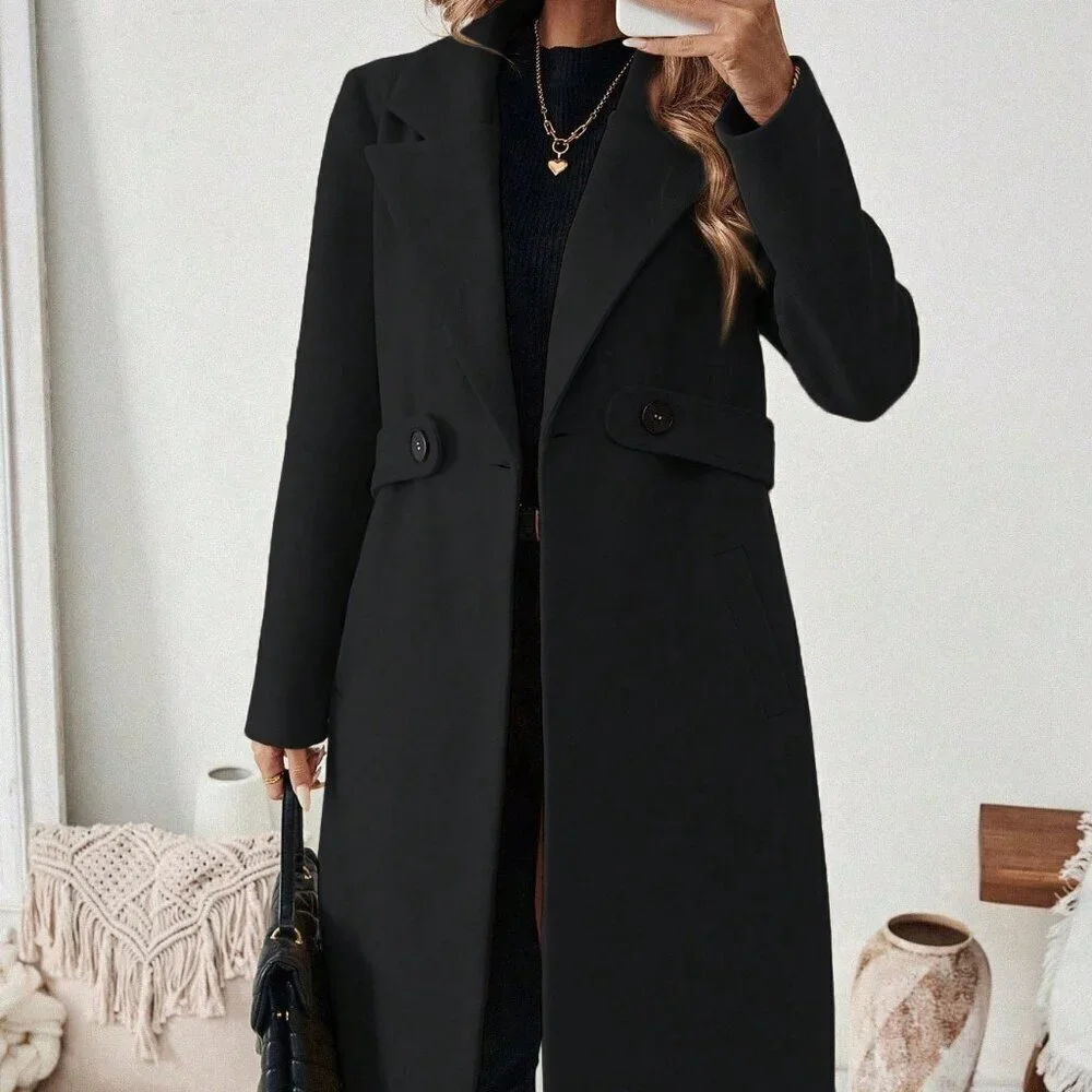Black Casual Women's Flat Collar Pocket Belted Long Sleeve Coat Jacket